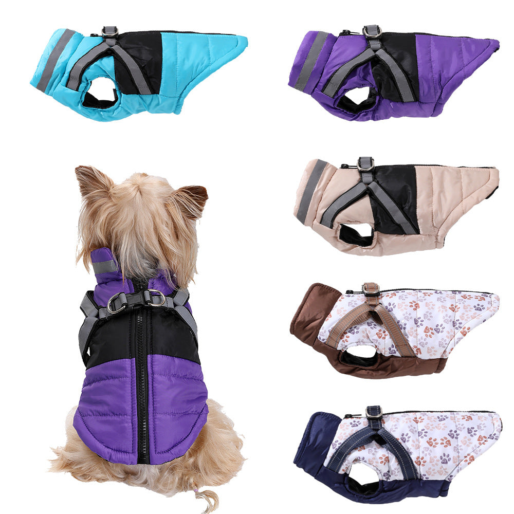 Pet Dog Clothes Autumn And Winter Clothes With Traction Ring Chest And Back Style Vest Thickened Warm Jacket